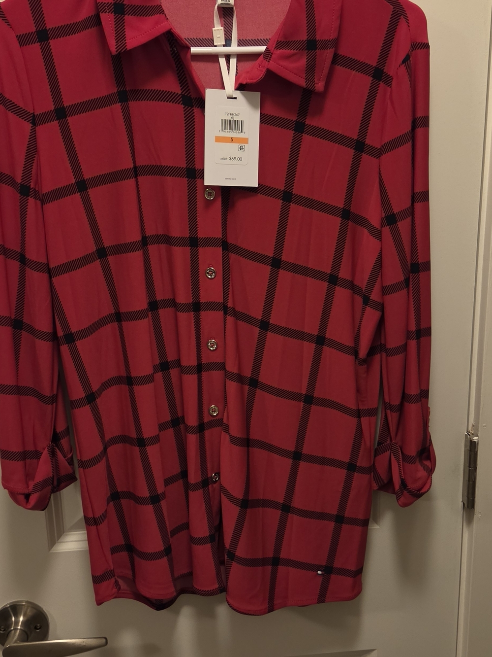 New Women's Tommy Hilfiger red plaid button up shirt